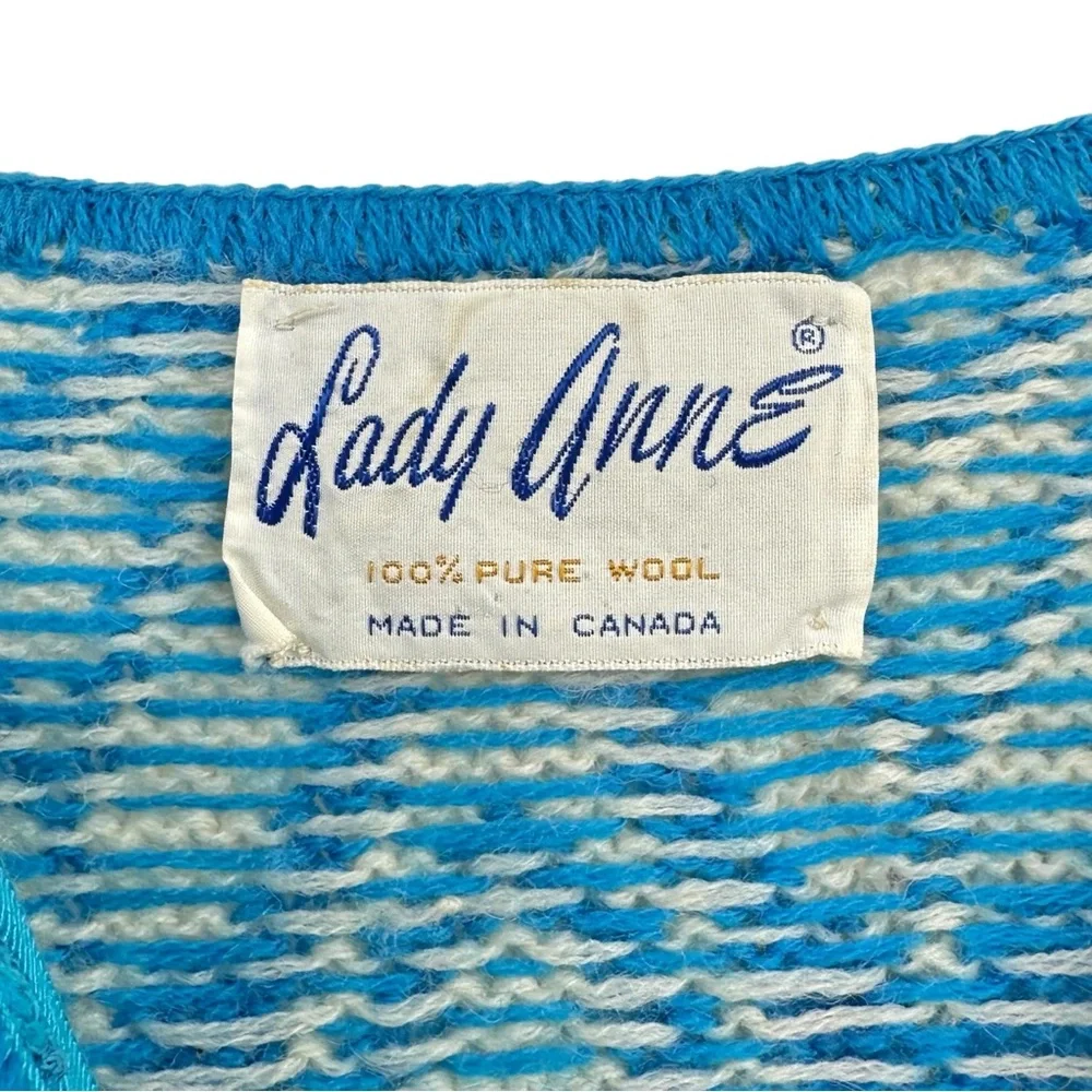Vintage Made in Canada Lady Anne Blue & White Wool Cardigan Sweater - Picture 6 of 8
